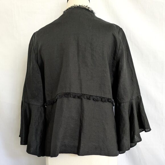 Chico's 100% Linen Black Jacket Size 0 (S) 3/4 Bell Sleeve Fringe Boho NWT - Picture 3 of 12